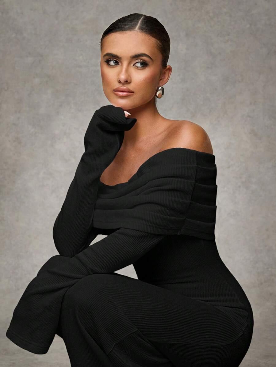 SHEIN CZARNA MAXI SUKIENKA ODKRYTE RAMIONA DZIANINA S06__S