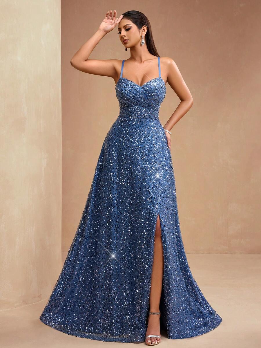 SHEIN NIEBIESKA MAXI SUKIENKA ZDOBIENIE CEKINY S06__L