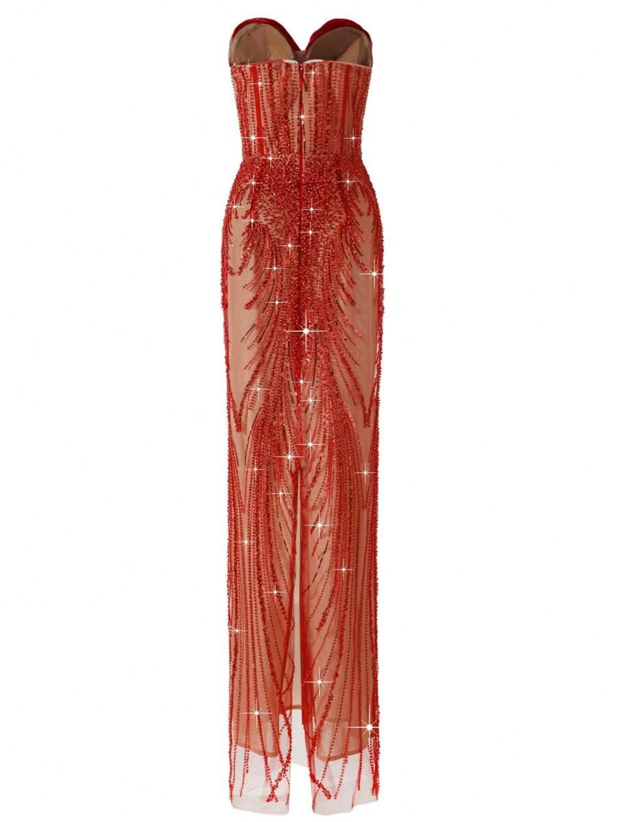 SHEIN CZERWONA MAXI SUKIENKA ZDOBIENIE CEKINY S06__L