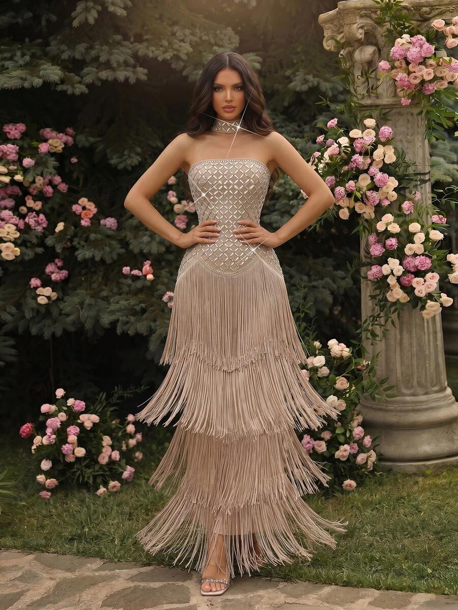 SHEIN BEŻOWA MAXI SUKIENKA FRĘDZLE S06__XS