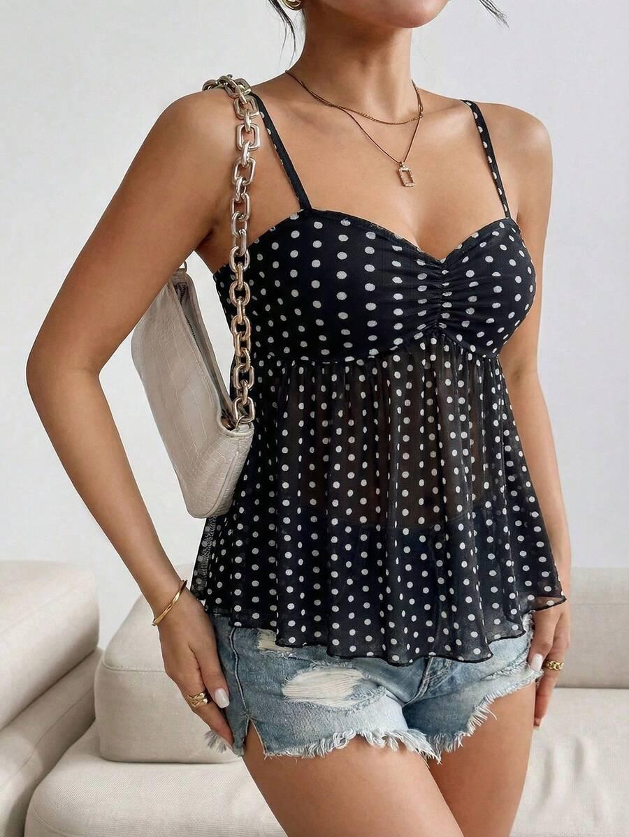 SHEIN CZARNY TOP NA RAMIĄCZKACH W GROSZKI S09__L
