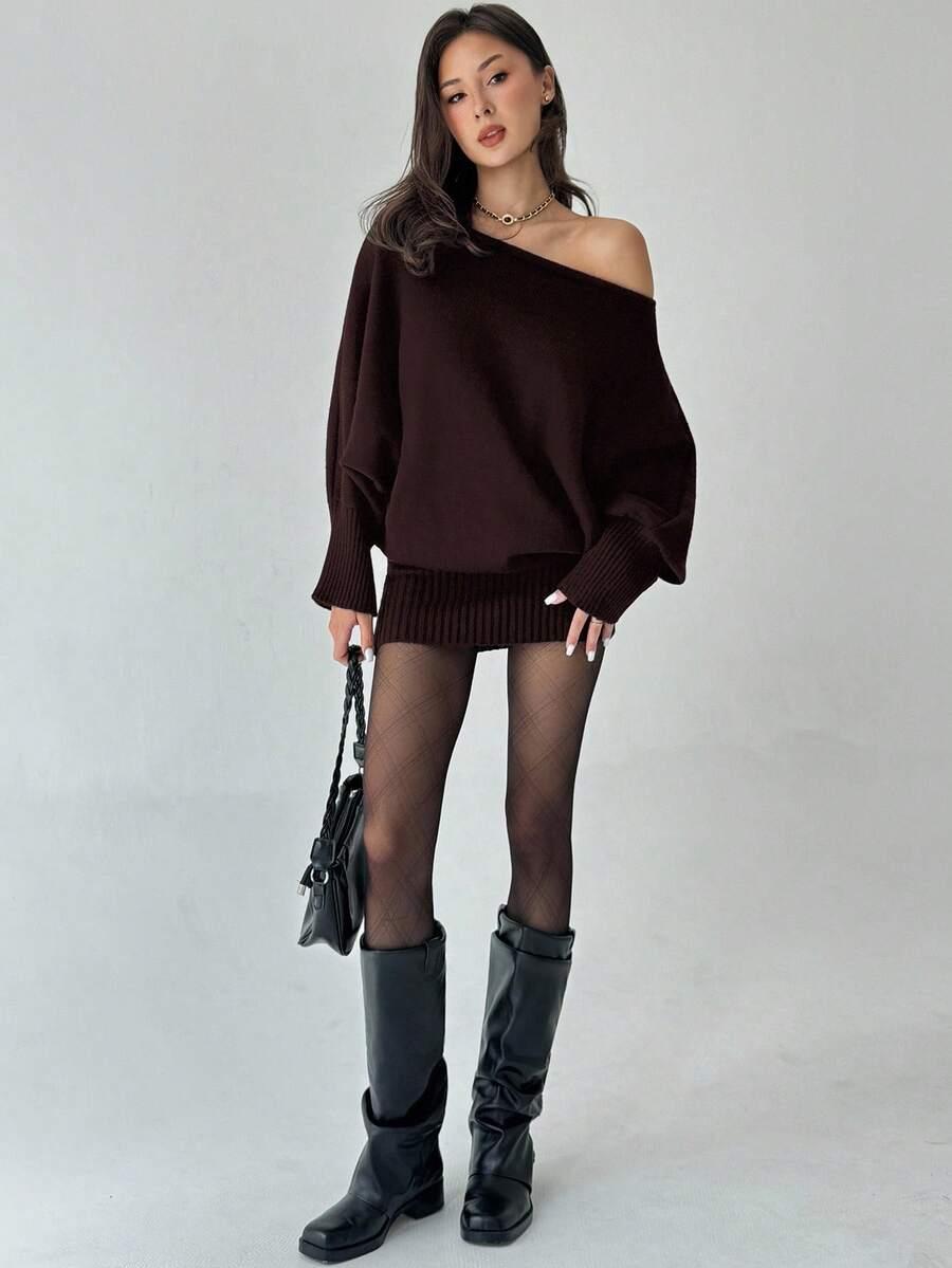 SHEIN BORDOWY SWETER ASYMETRYCZNY DEKOLT S06__L