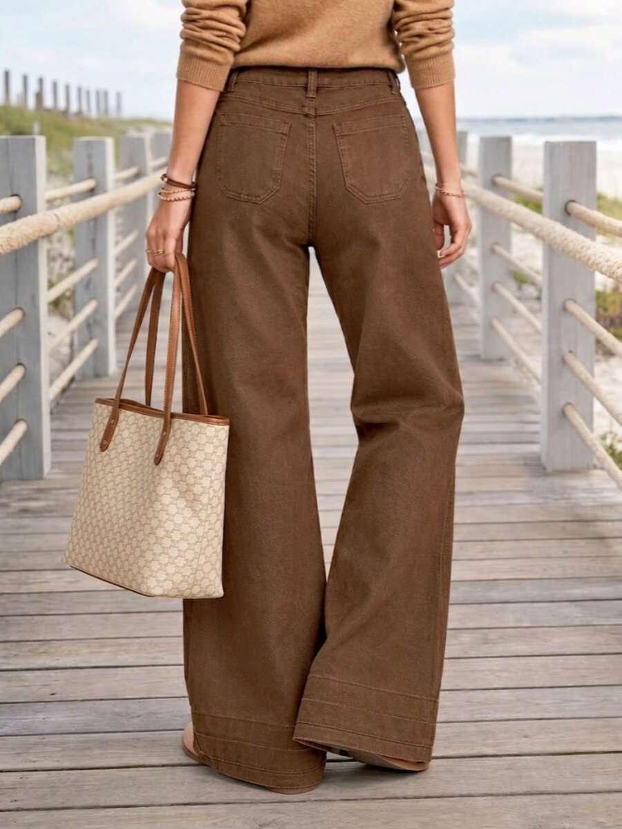 QIFXER BRĄZOWE SPODNIE JEANS PROSTA NOGAWKA KIESZENIE S06__XL