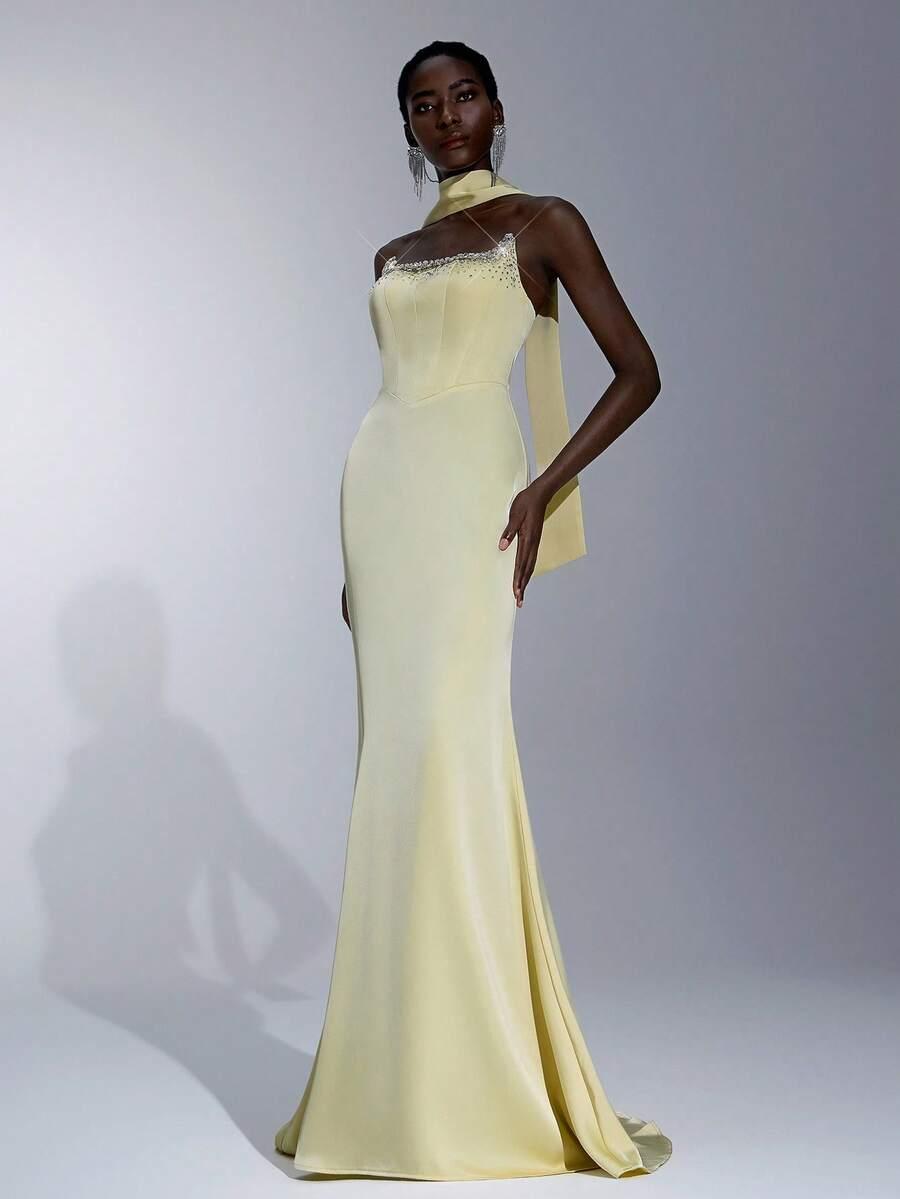 SHEIN ŻÓŁTA MAXI SUKIENKA ZDOBIENIE S06__XS