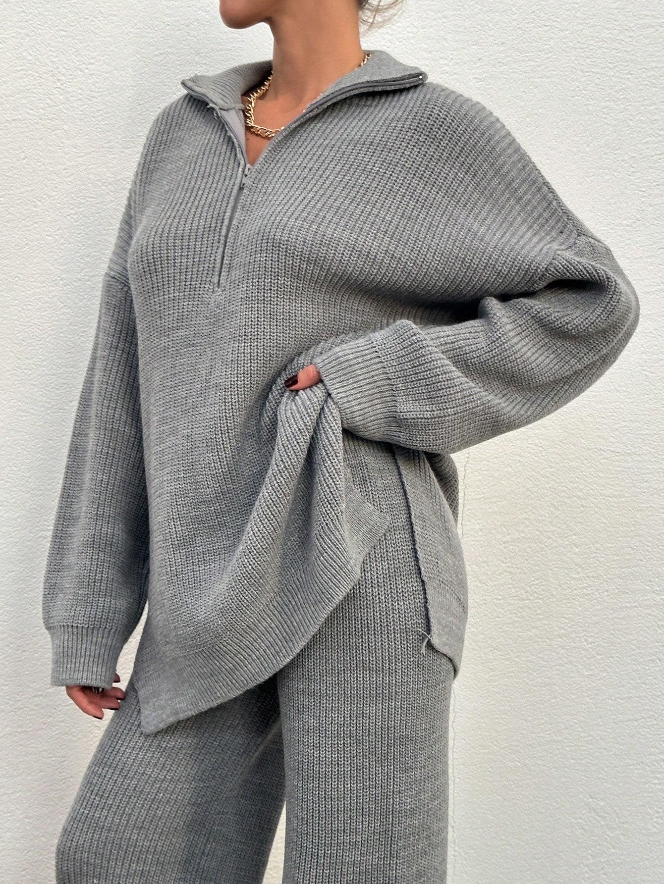 SHEIN DZIANINOWY SZARY KOMPLET SWETER SPODNIE S06__M