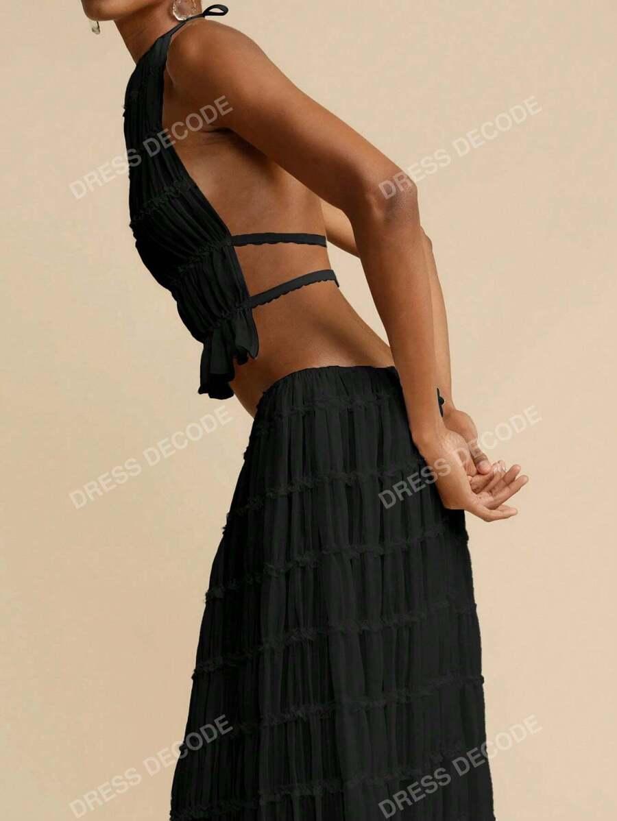 SHEIN CZARNY KOMPLET TOP ODKRYTE PLECY MAXI SPÓDNICA S06__S
