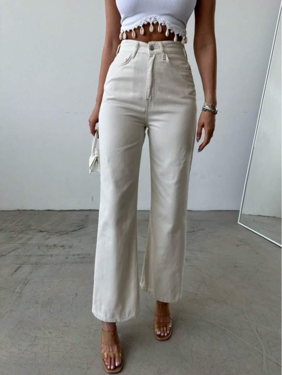 SHEIN KREMOWE SPODNIE JEANS S06__S