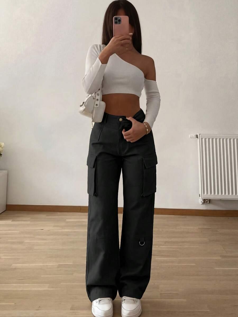 SHEIN CZARNE SPODNIE KIESZENIE S06__M