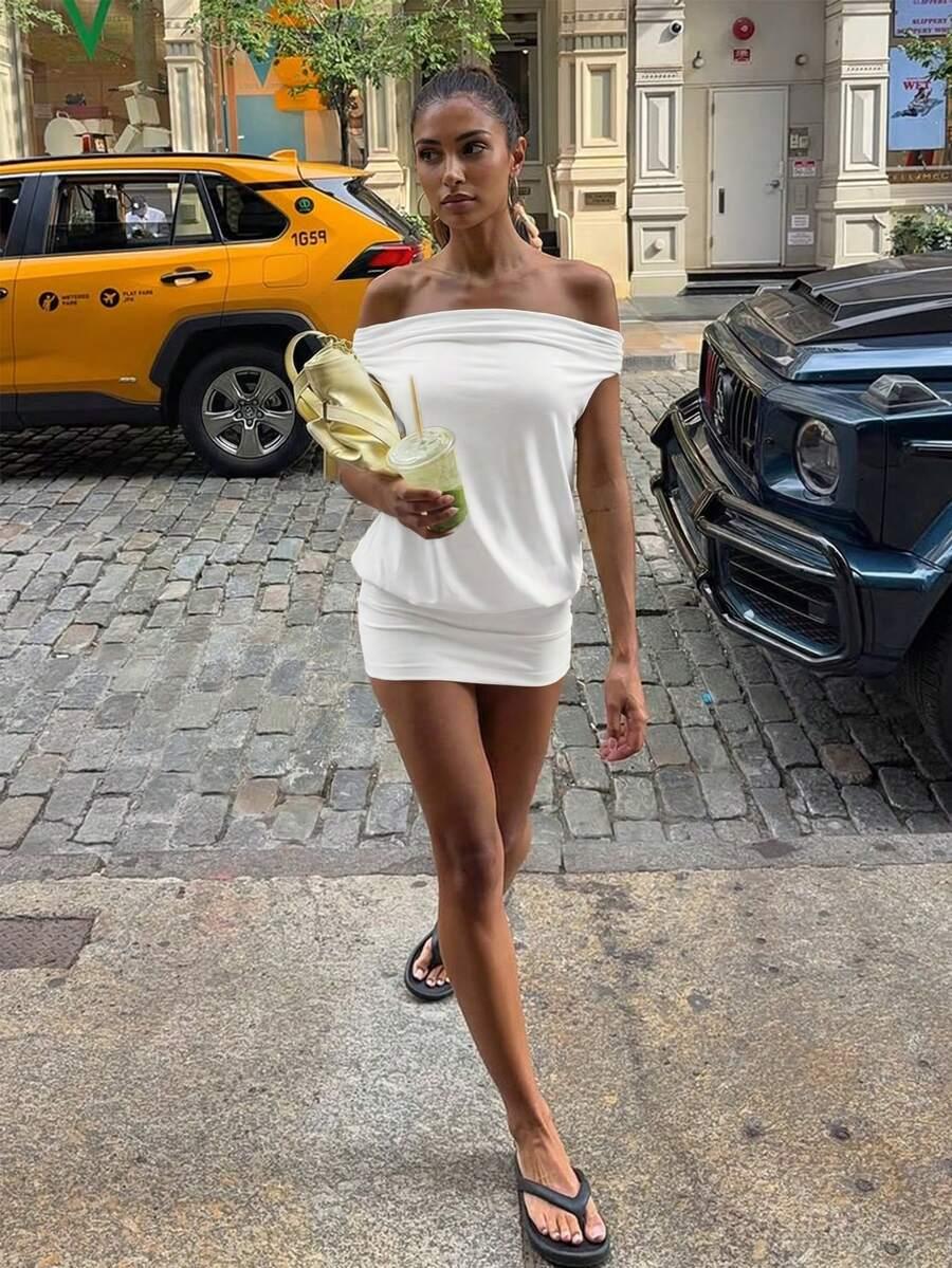 SHEIN BIAŁA MINI SUKIENKA ODKRYTE RAMIONA PK01__M