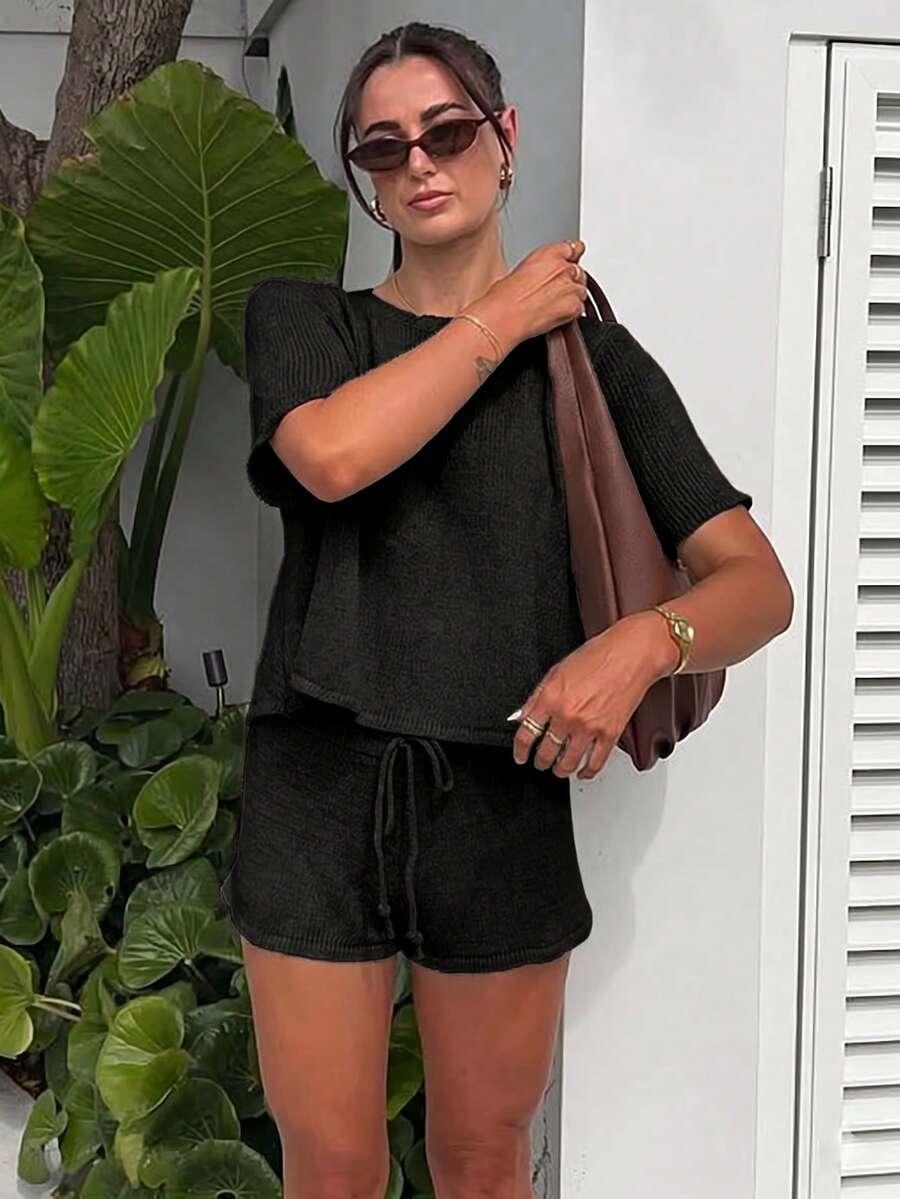 SHEIN CZARNY DZIANINOWY KOMPLET BLUZKA SPODENKI PK01__M