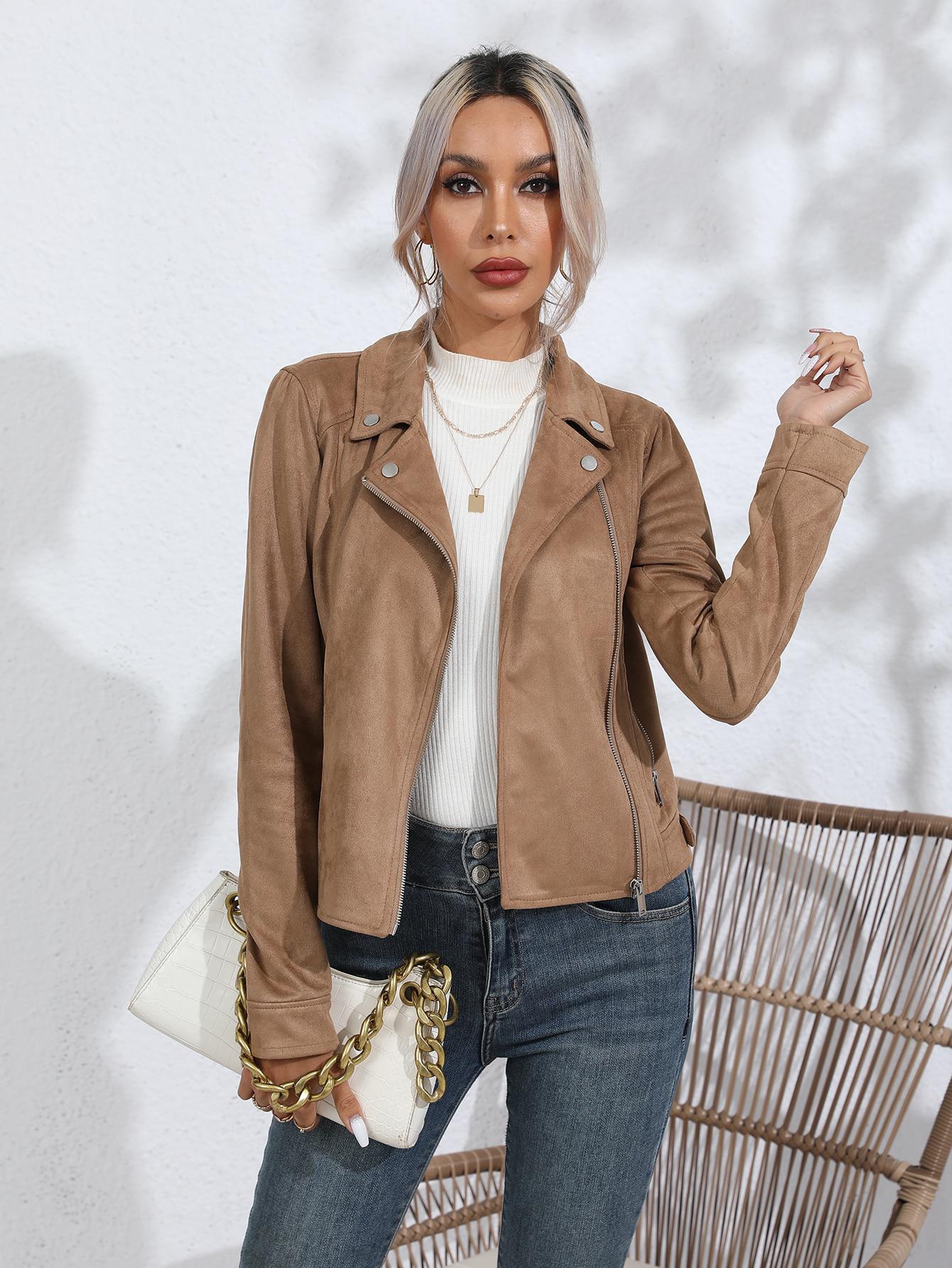 SHEIN BRĄZOWA KURTKA RAMONESKA IMITACJA ZAMSZU S06__L