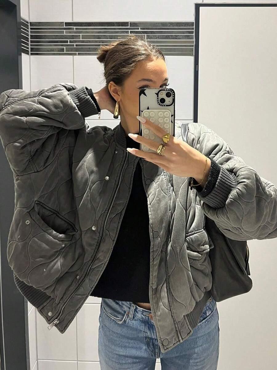 SHEIN PIKOWANA SZARA KURTKA BOMBER ZAMEK W01__M