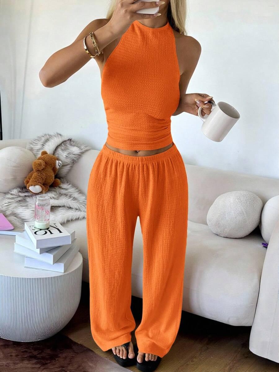 SHEIN POMARAŃCZOWE SPODNIE TOP KOMPLET S06__M