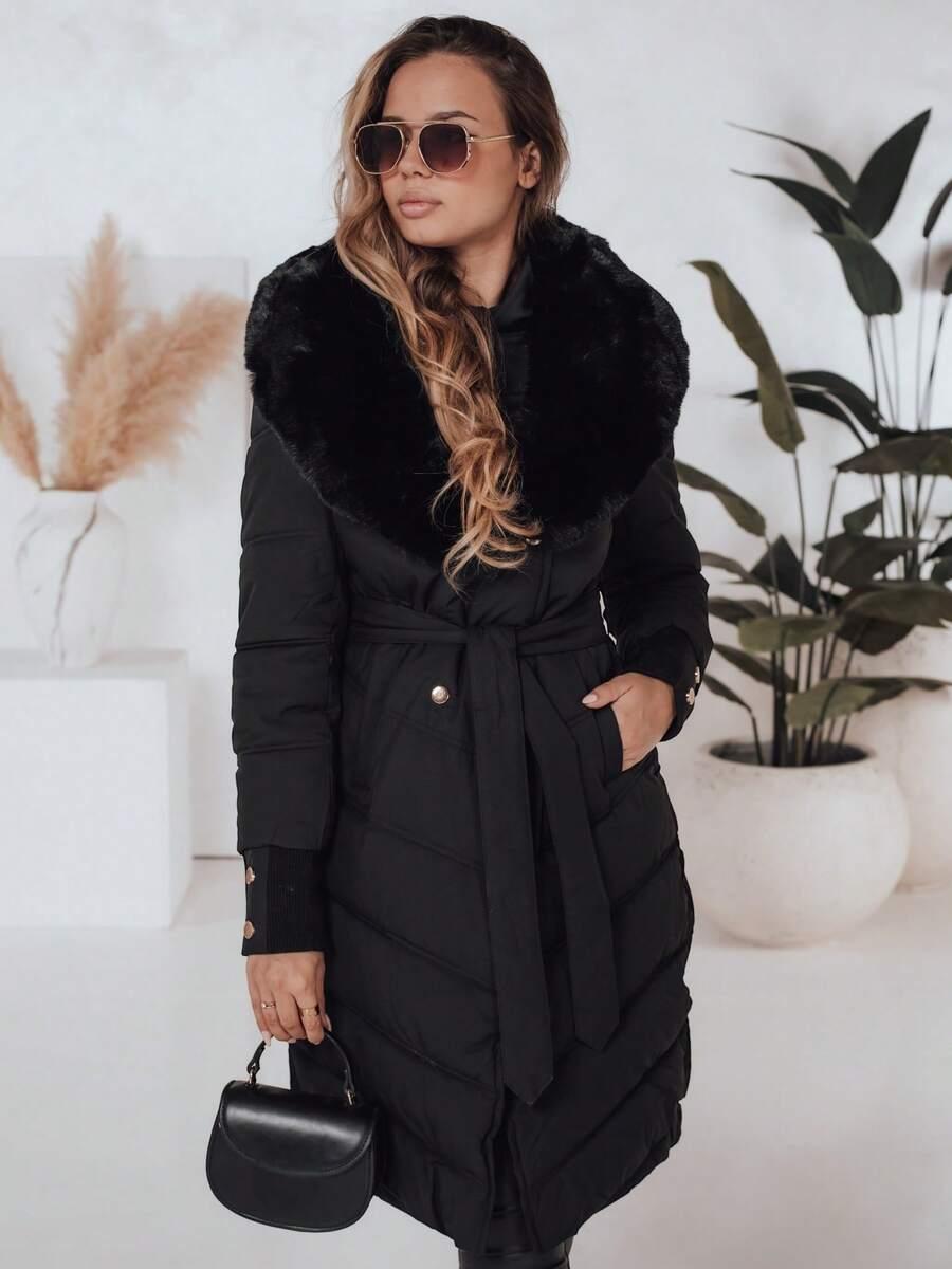 SHEIN CZARNA DŁUGA PIKOWANA KURTKA FUTERKO W01__L