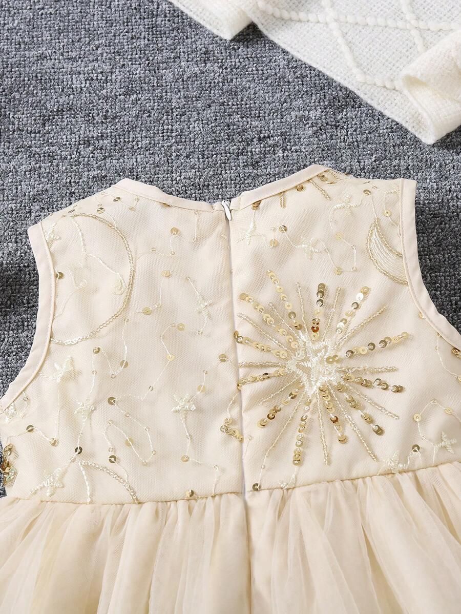 SHEIN KREMOWA SUKIENKA ROZKLOSZOWANA ZDOBIENIE CEKINY KOKARDA S06__104-110