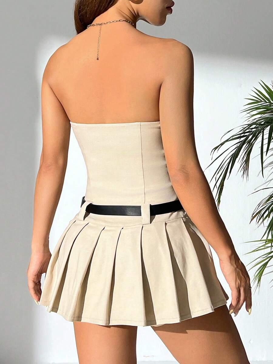 SHEIN BEŻOWA MINI SUKIENKA ODKRYTE RAMIONA Z DOMIESZKĄ JEDWABIU S06__XS