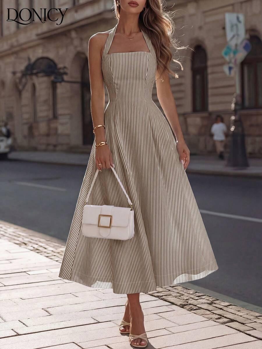 SHEIN BRĄZOWA MIDI SUKIENKA WZÓR PASKI S06__XS