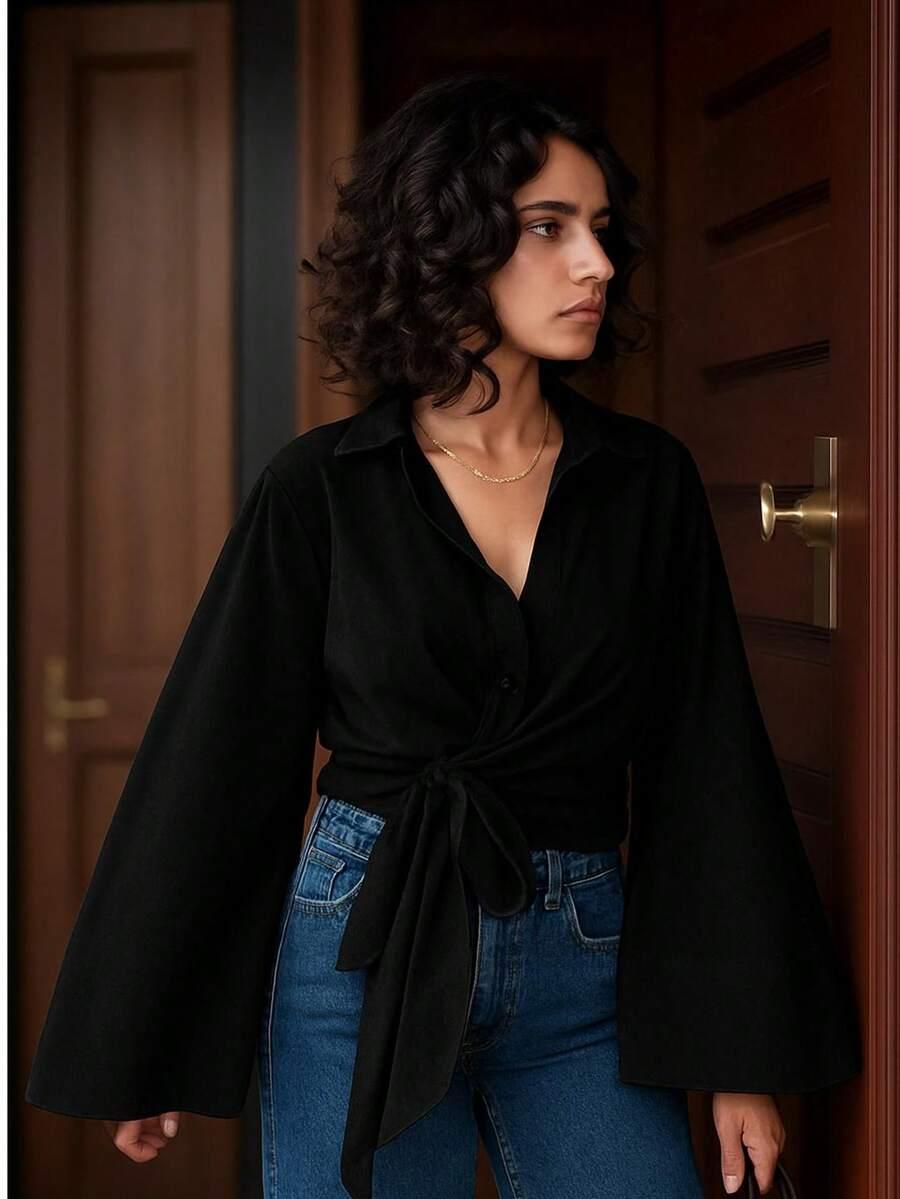 SHEIN CZARNA KOSZULA WIĄZANIE S06__M