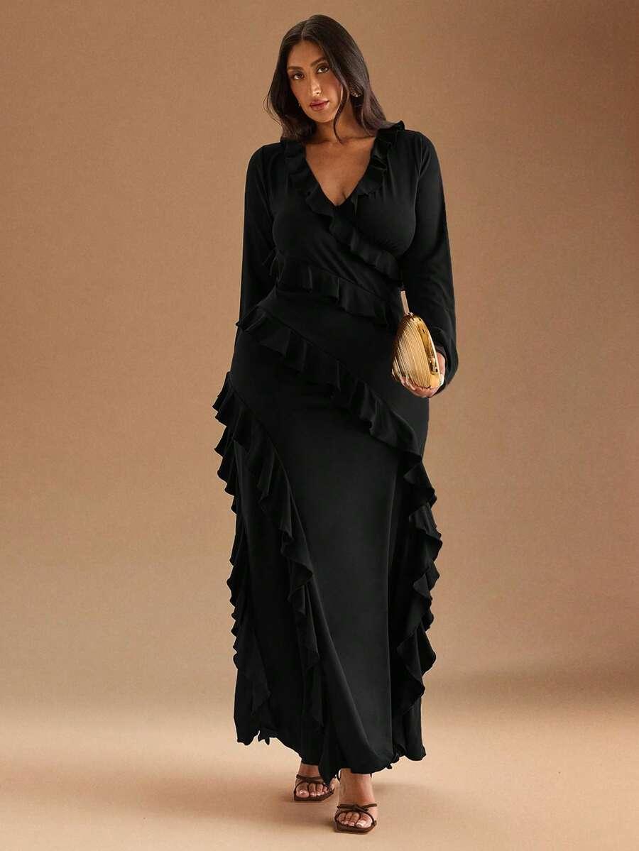 SHEIN CZARNA MAXI SUKIENKA V NECK FALBANY ZT2__XXL