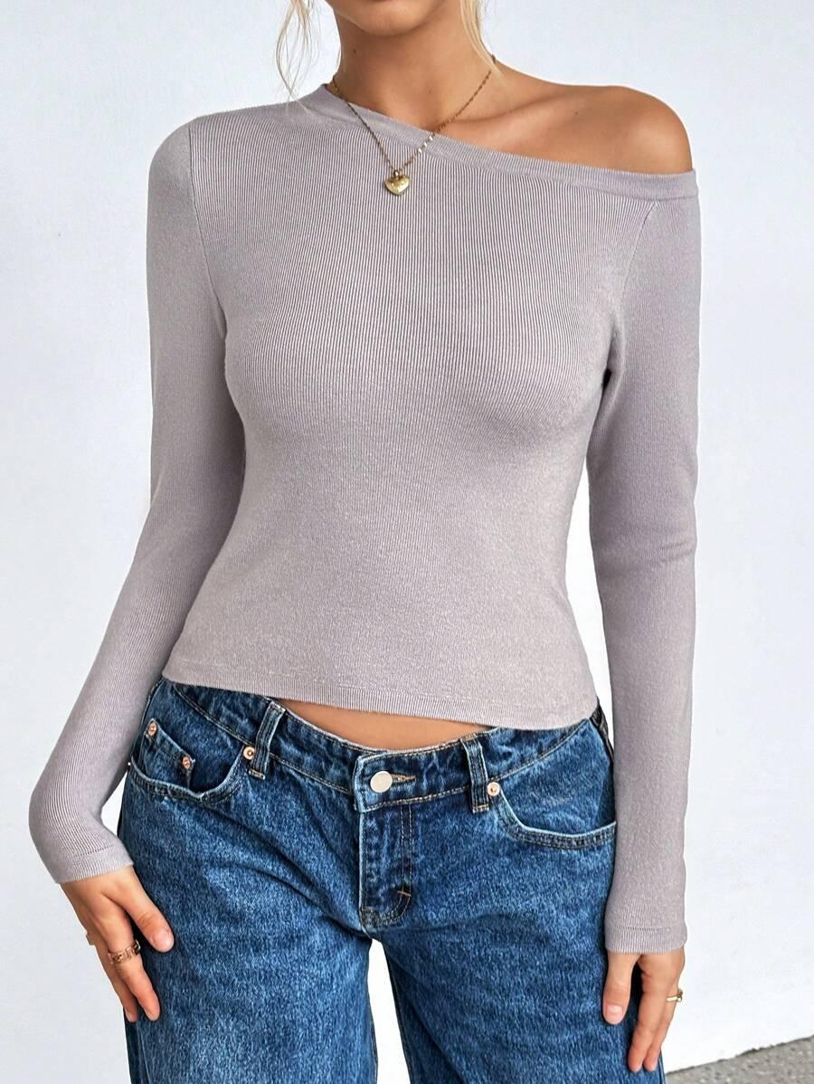 SHEIN SZARY SWETER ASYMETRYCZNY DEKOLT S06__M