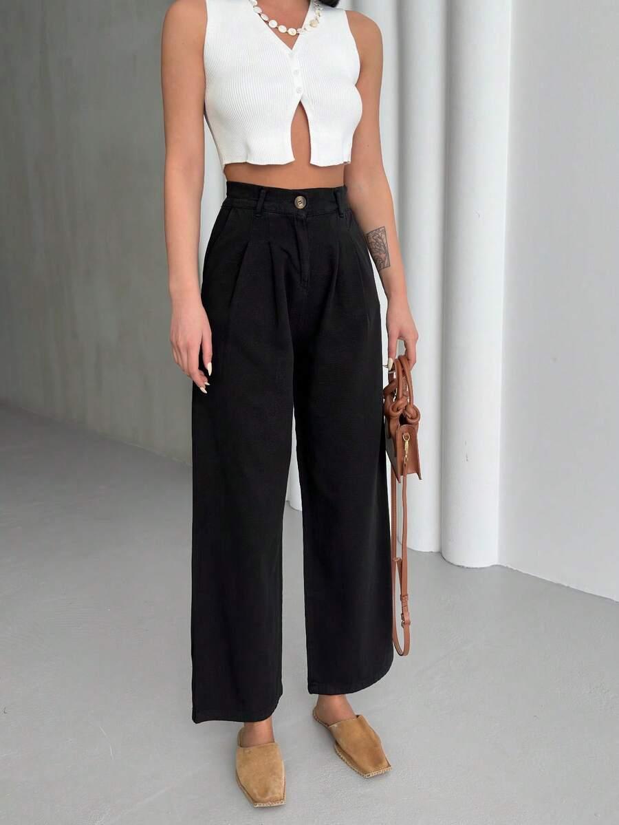 SHEIN CZARNE SPODNIE GUZIK S06__M