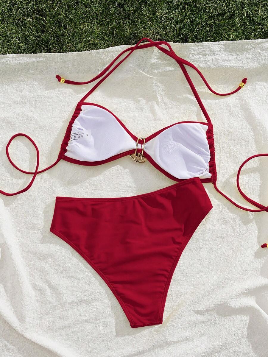 SHEIN CZERWONY KOMPLET BIKINI ZDOBIENIE S09__XL