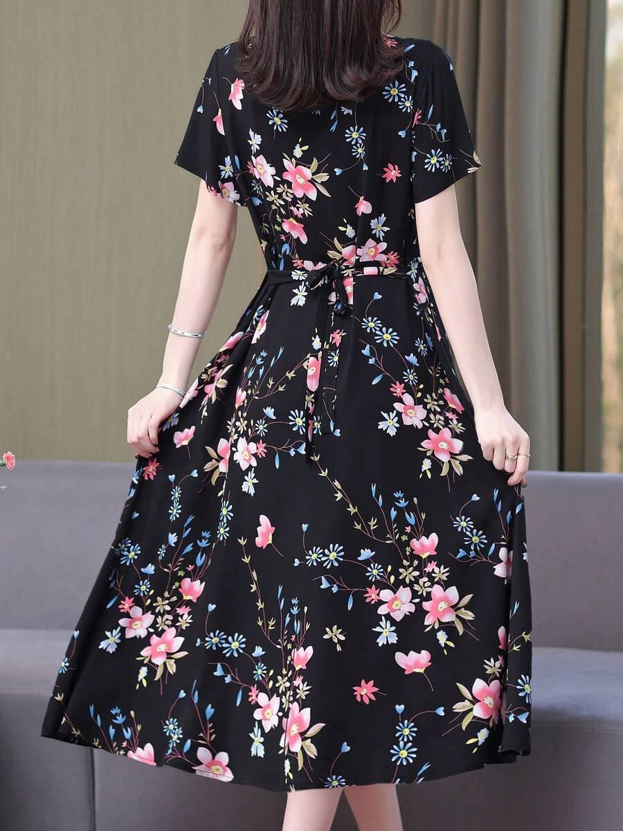 SHEIN CZARNA MIDI SUKIENKA KWIATY S06__XL