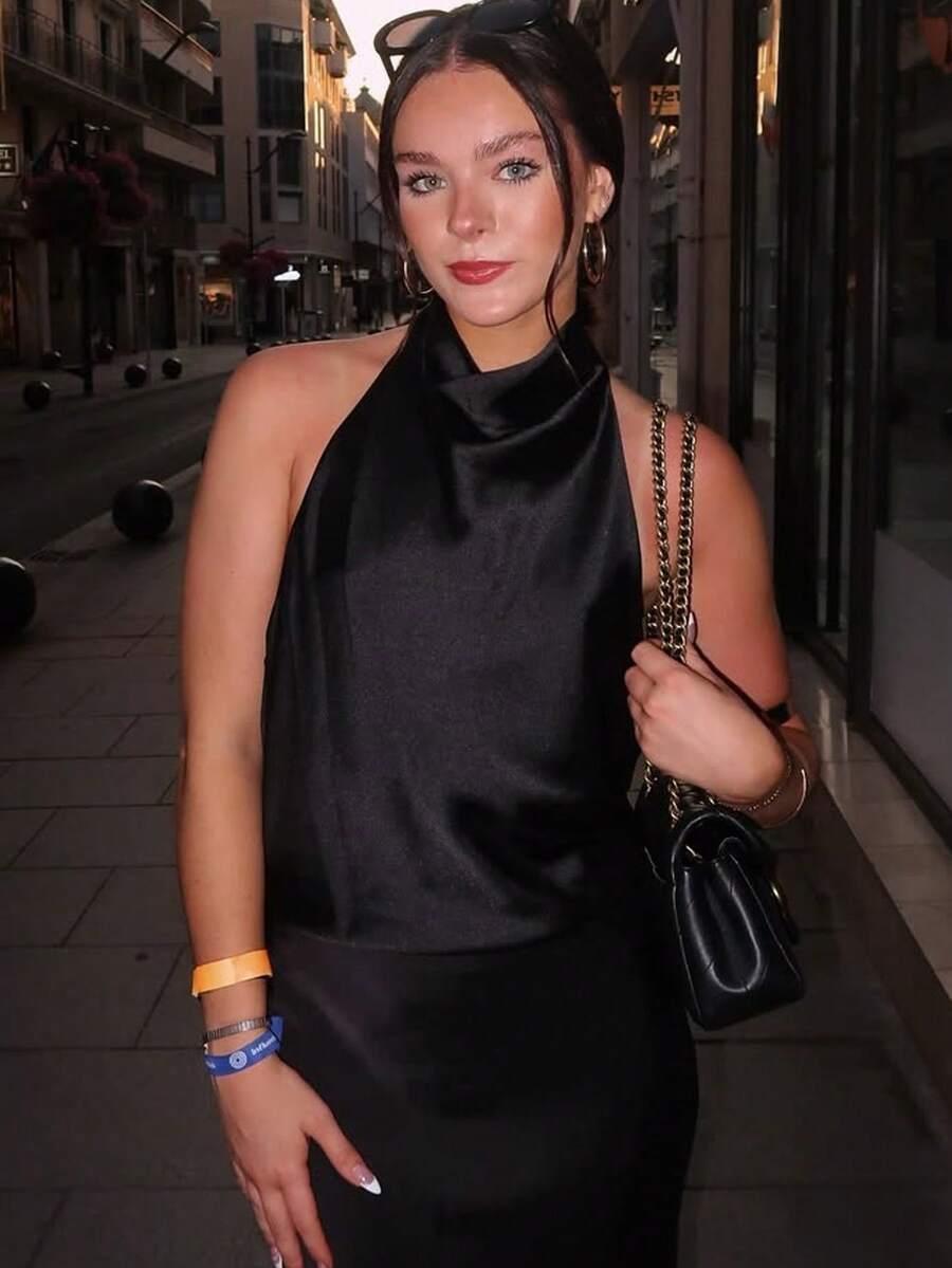 SHEIN SATYNOWY CZARNY TOP BEZ RĘKAWÓW ODKRYTE PLECY S06__M