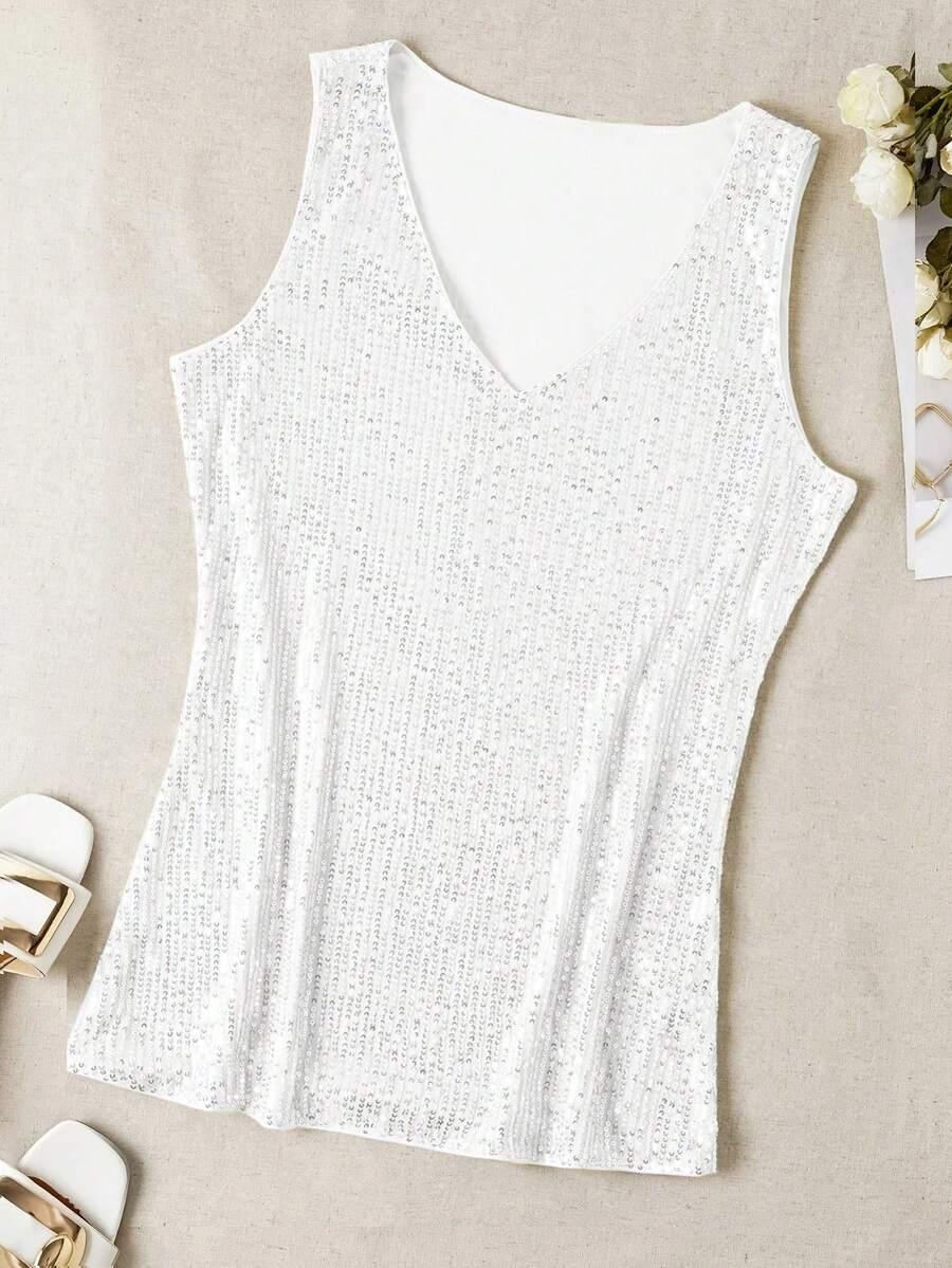 SHEIN BIAŁY TOP CEKINY V-NECK S06__XXL