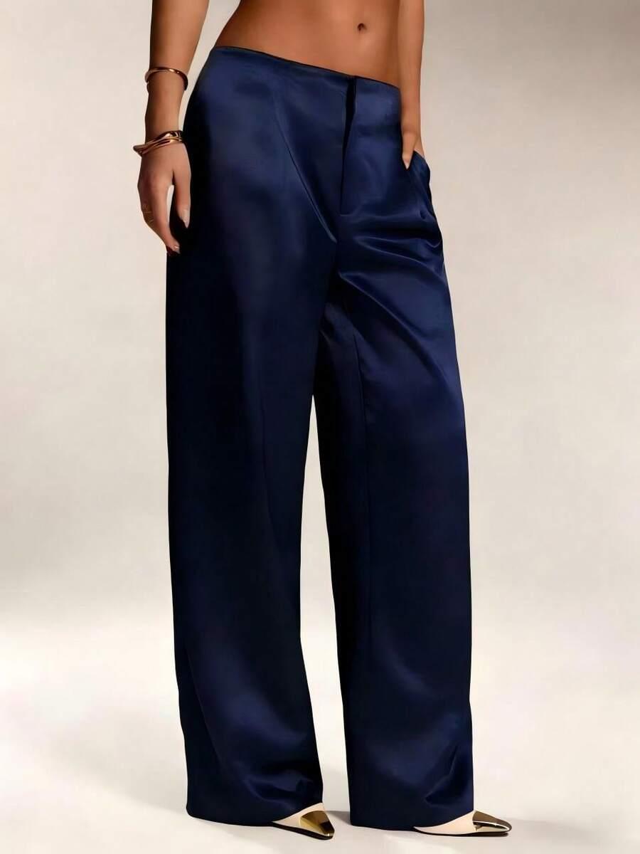 SHEIN GRANATOWE SATYNOWE SPODNIE S06__L