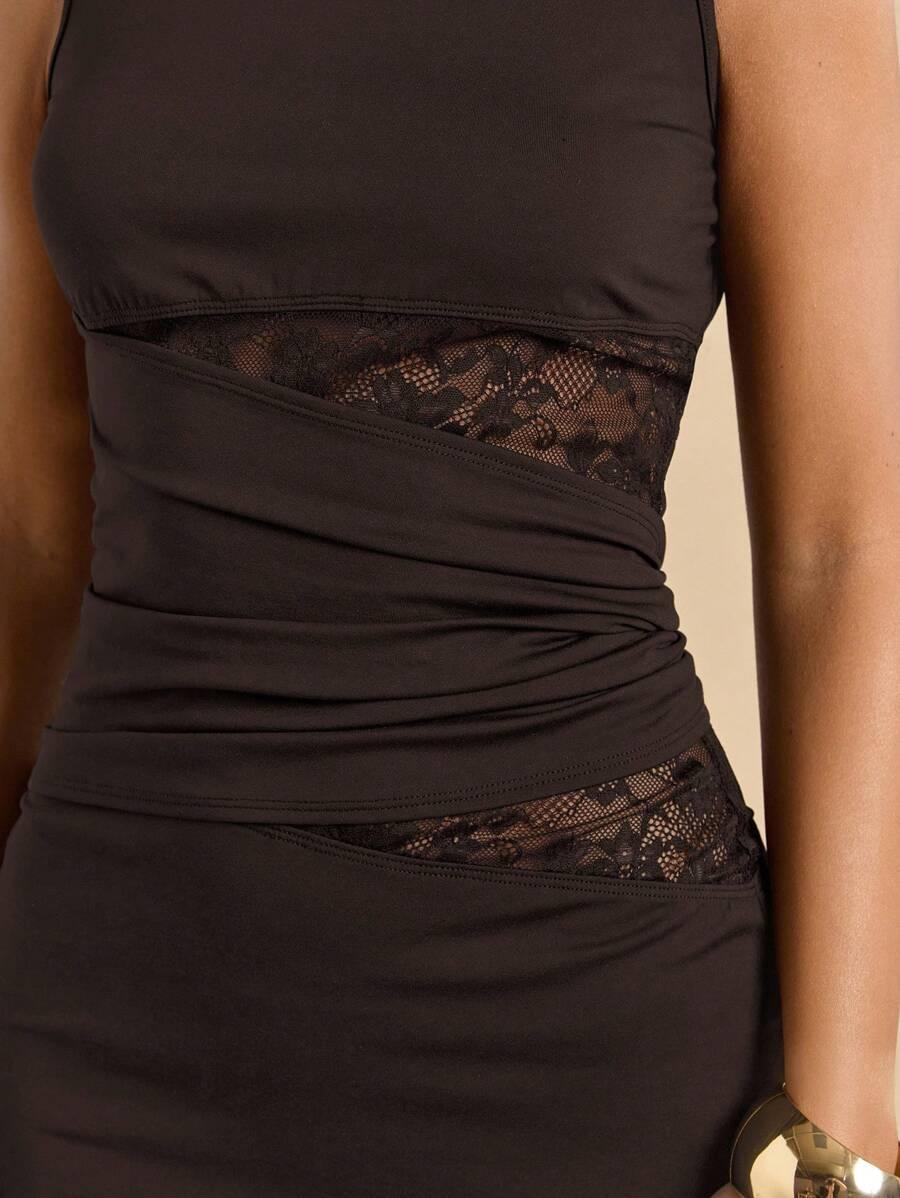 SHEIN BRĄZOWA MINI SUKIENKA KORONKA S06__S