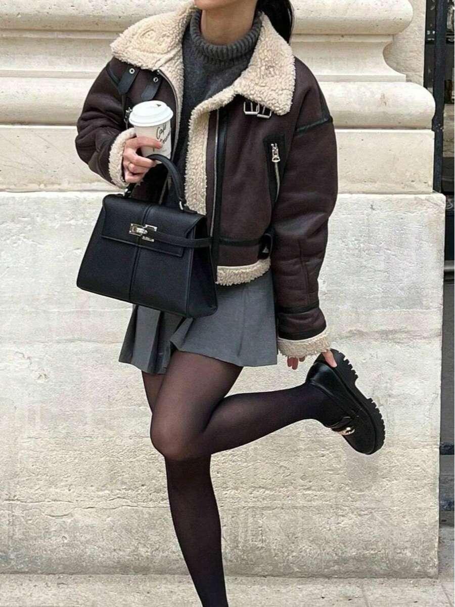 SHEIN BRĄZOWY SZTUCZNY KOŻUCH W01__M