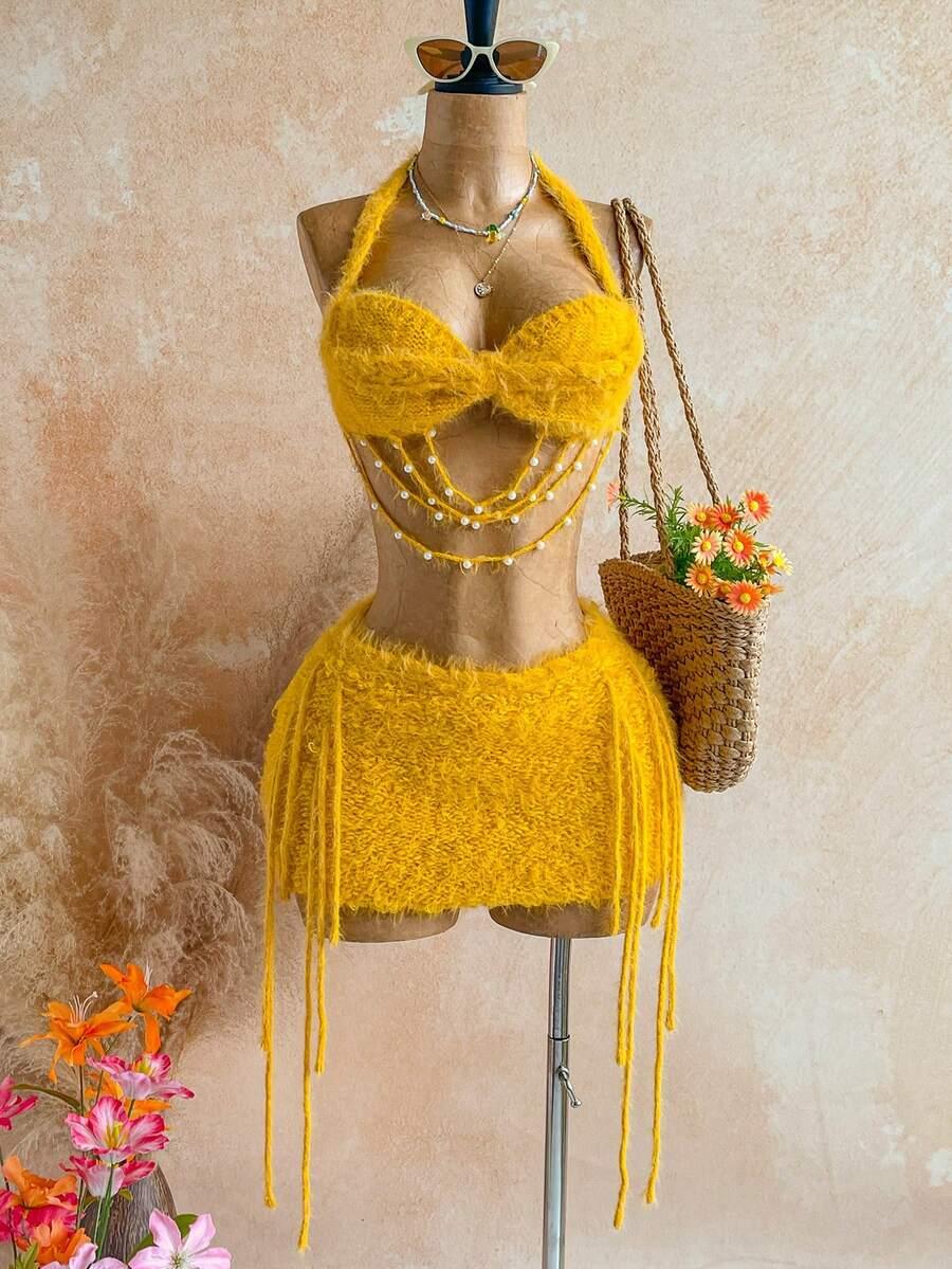SHEIN ŻÓŁTY TOP SPÓDNICA KOMPLET S09__L