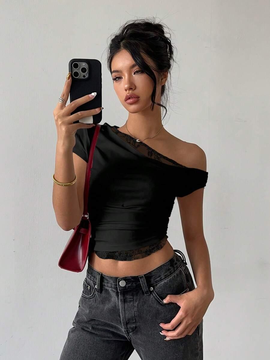SHEIN CZARNY TOP ASYMETRYCZNY KORONKA S06__XS