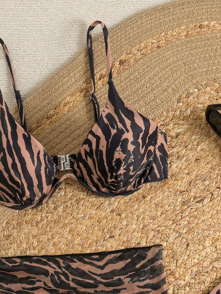 SHEIN TRZYCZĘŚCIOWY KOMPLET BIKINI ANIMAL PRINT S09__M