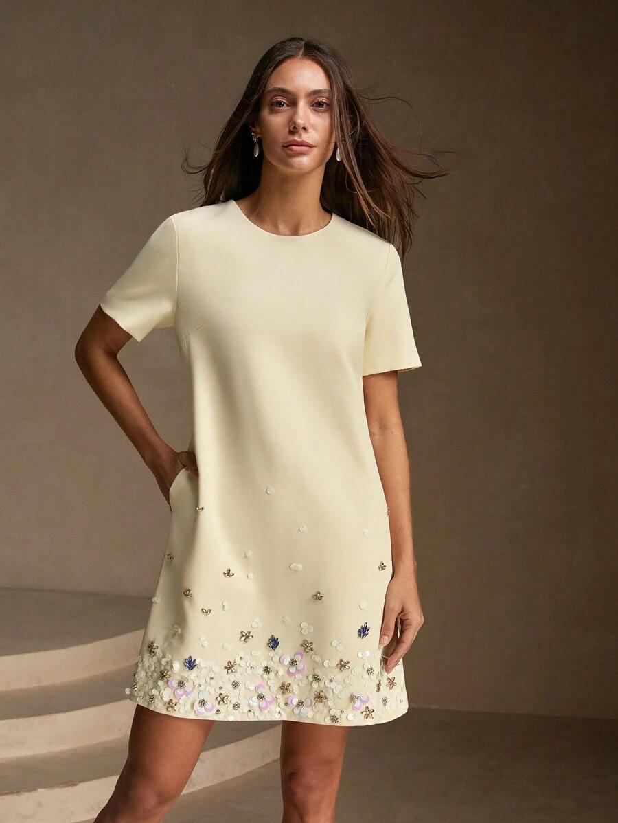 SHEIN BEŻOWA SUKIENKA ZDOBIENIE 3D S06__L