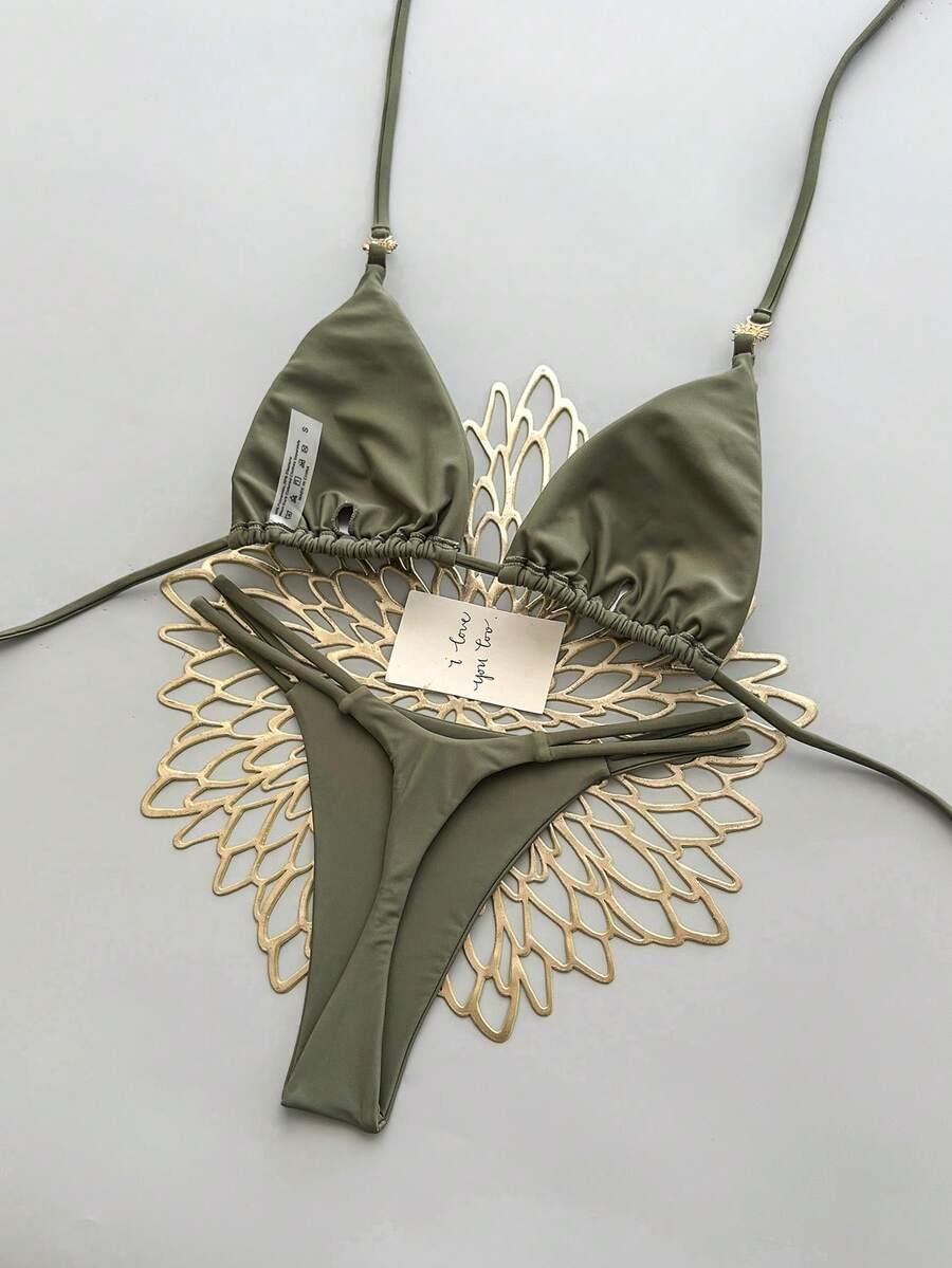 SHEIN ZIELONY DWUCZĘŚCIOWY STRÓJ KĄPIELOWY ZDOBIENIE S09__S