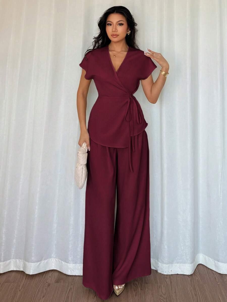 SHEIN CZERWONY KOMPLET BLUZKA SPODNIE S06__L