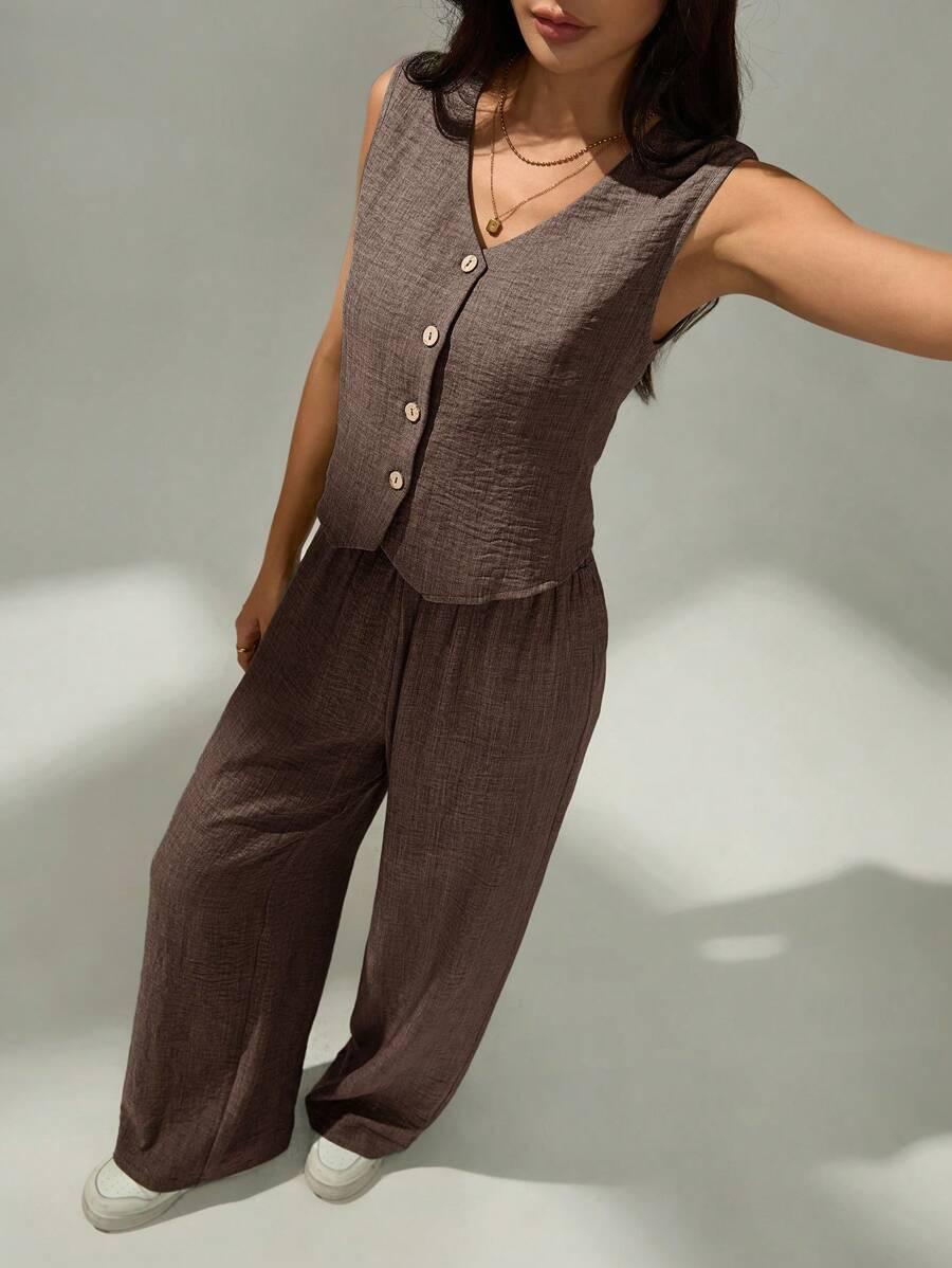 SHEIN BRĄZOWA KAMIZELKA GUZIKI V-NECK S06__S
