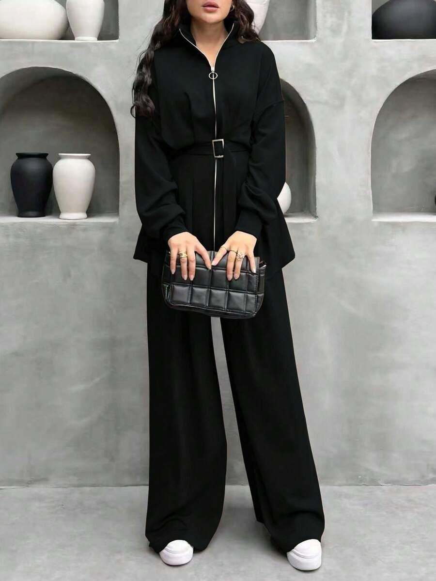 SHEIN CZARNY DWUCZĘŚCIOWY KOMPLET SPODNIE BLUZKA S09__L