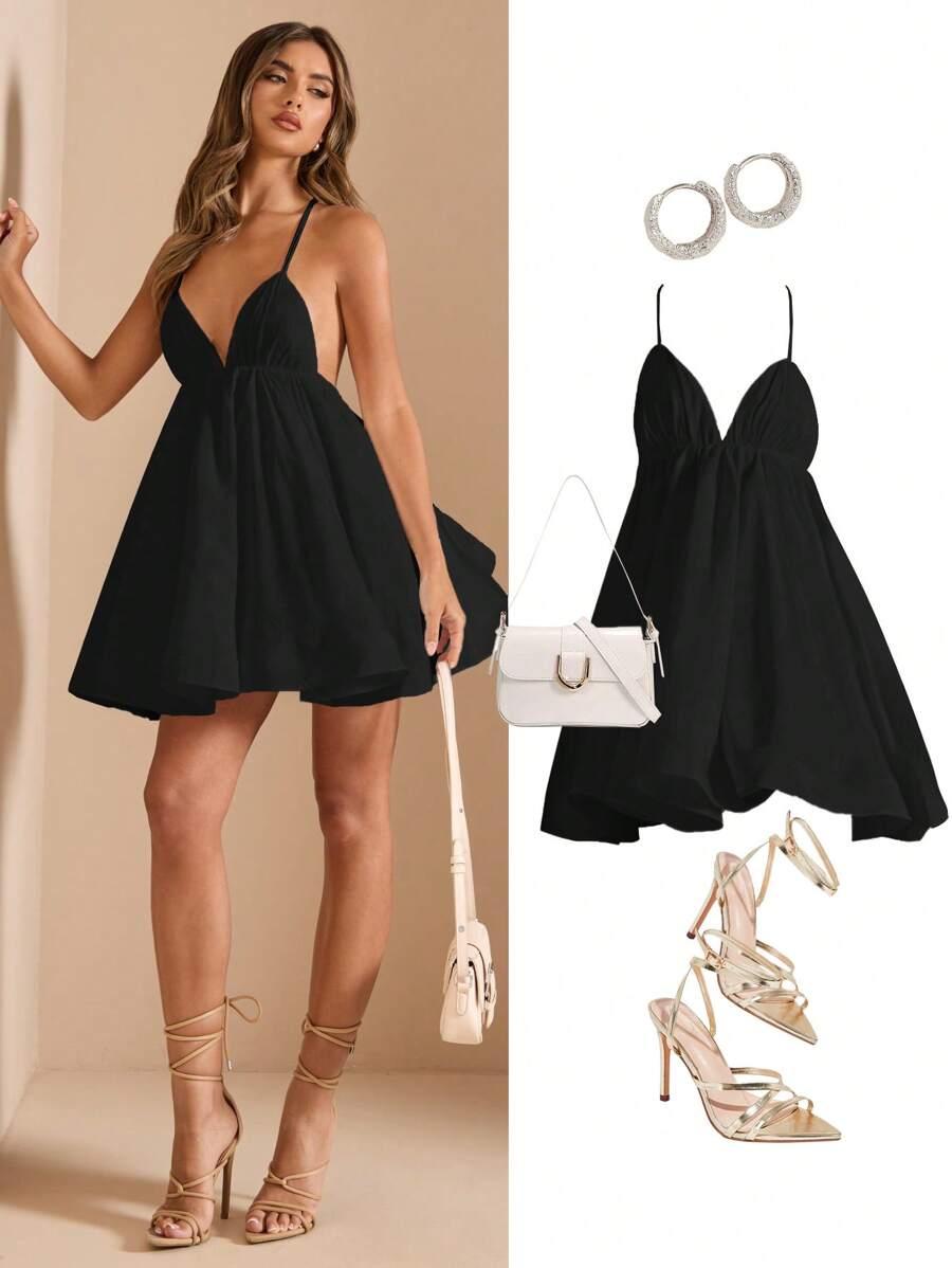 SHEIN CZARNA ROZKLOSZOWANA MINI SUKIENKA OPEN BACK S06__XS
