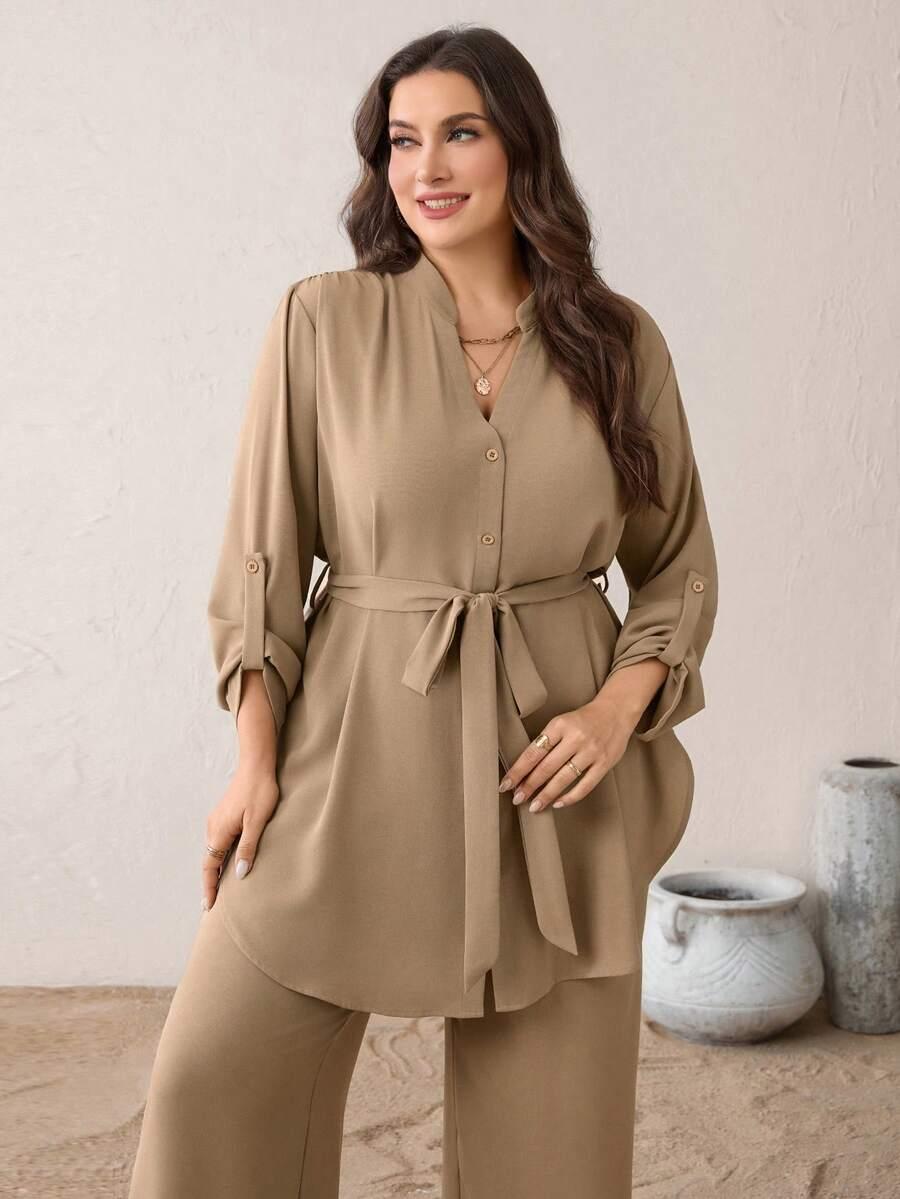 SHEIN BEŻOWY KOMPLET KOSZULA SPODNIE S06__46