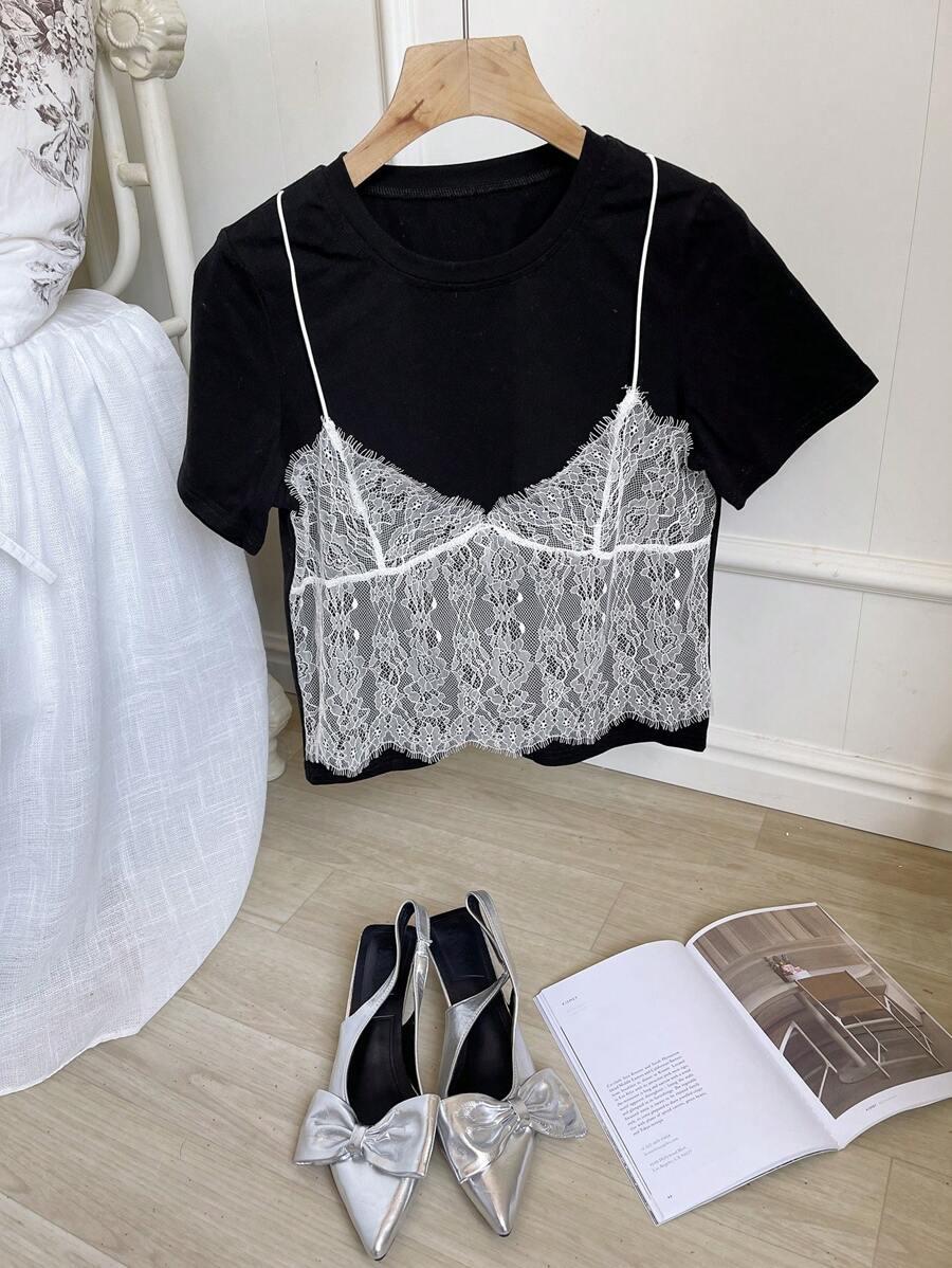 SHEIN BLUZKA Z KRÓTKIM RĘKAWEM KORONKA S06__