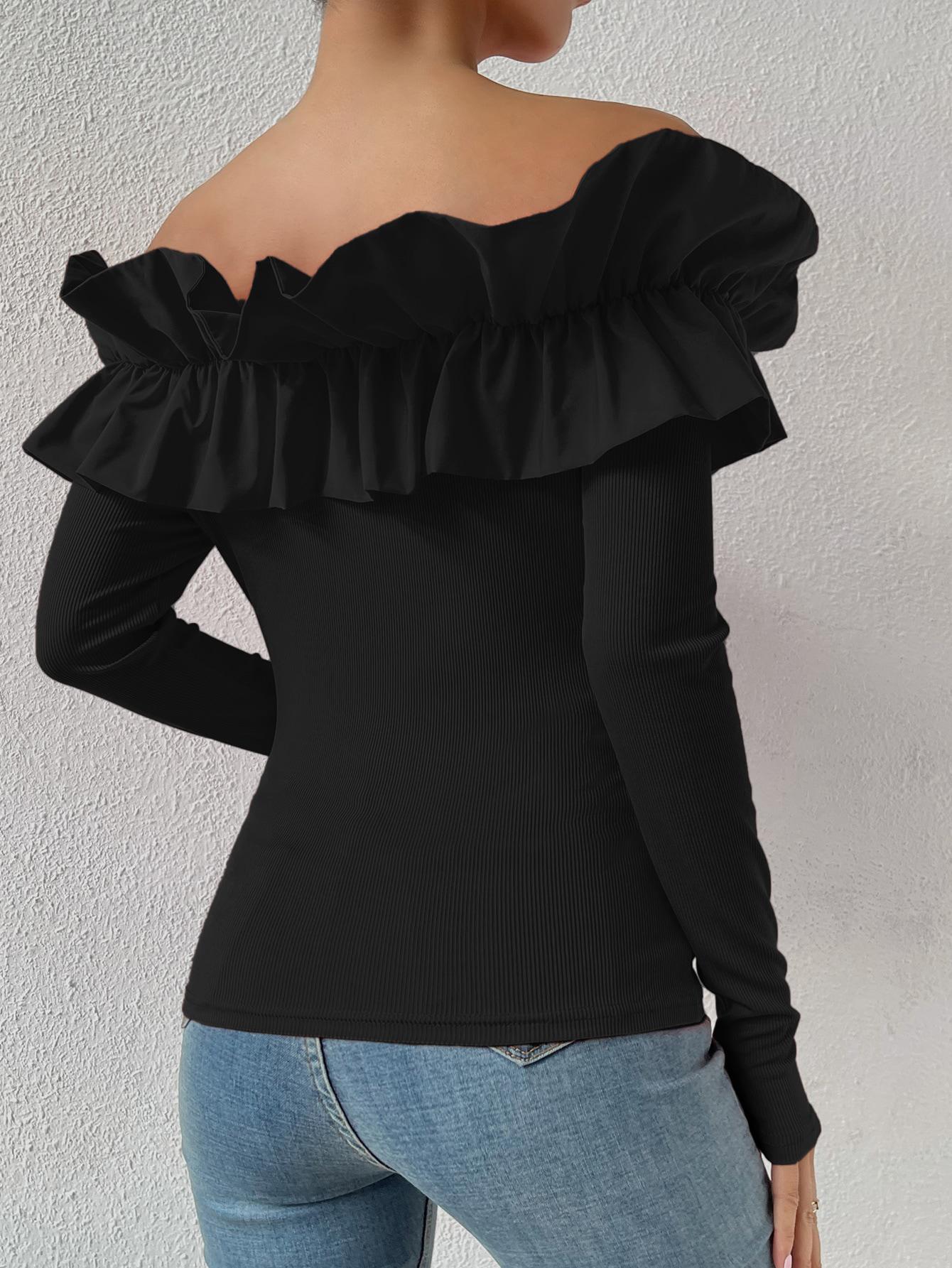 SHEIN CZARNA BLUZKA PRĄŻKI FALBANA S06__S