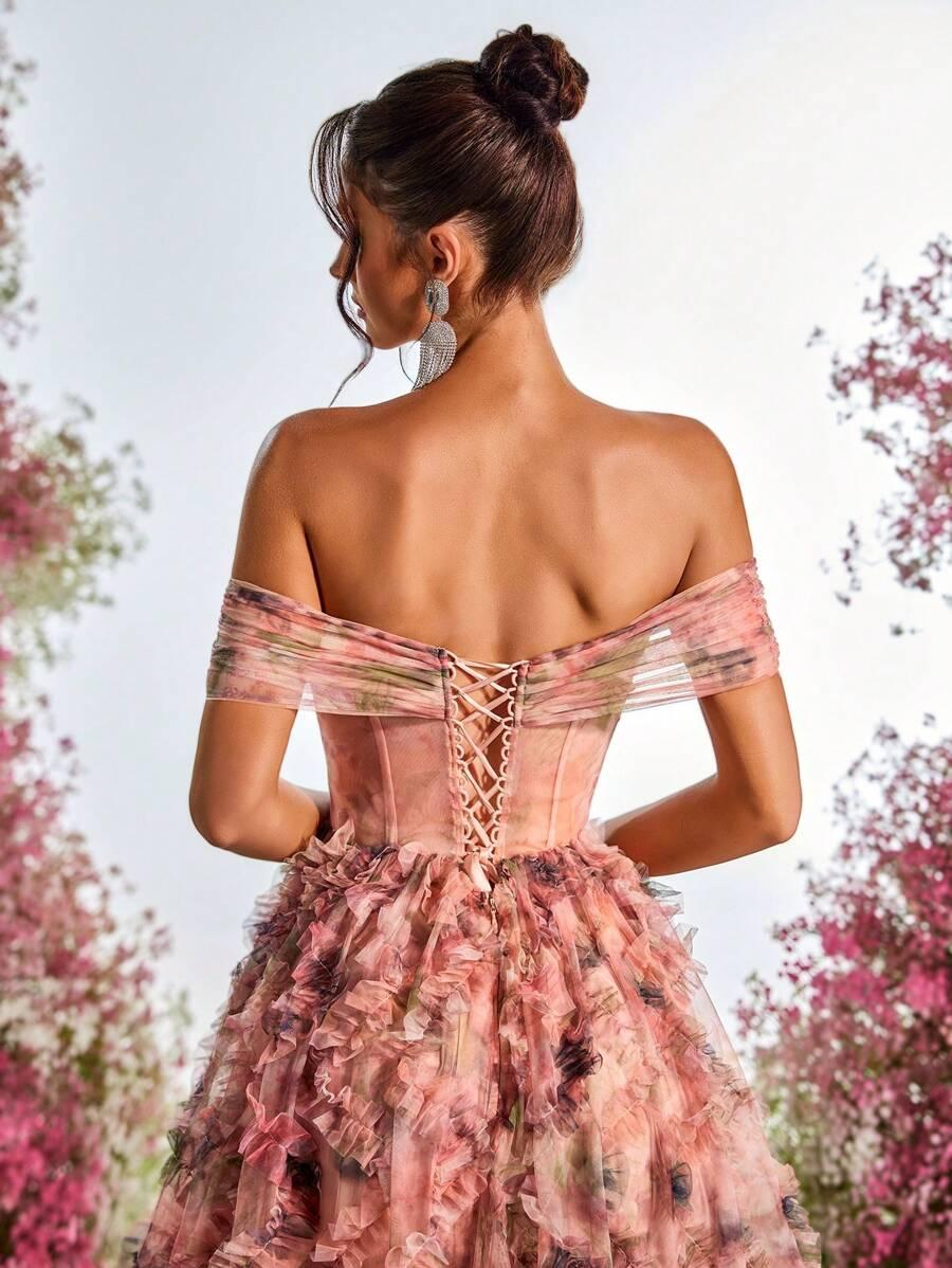 SHEIN MAXI SUKIENKA ROZCIĘCIE KWIATY ODKRYTE RAMIONA S06__S