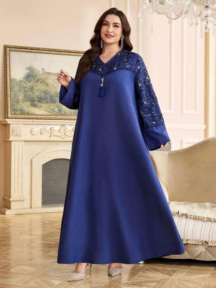 AL NAJMA GRANATOWA MAXI SUKIENKA V-NECK CEKINY PK01__48