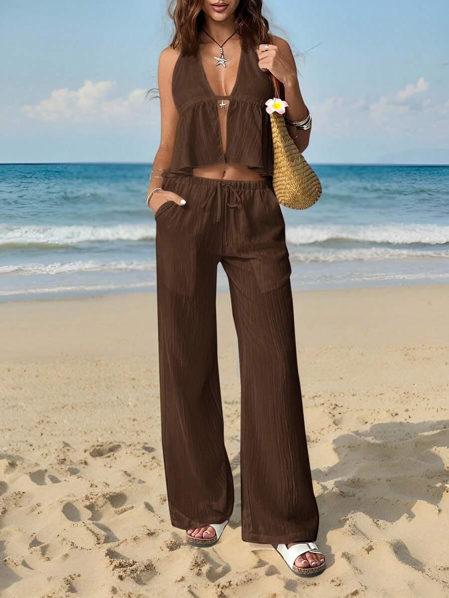SHEIN BRĄZOWY KOMPLET TOP SPODNIE S06__S