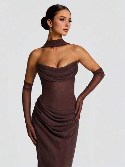 SHEIN BRĄZOWA MAXI SUKIENKA S06__S