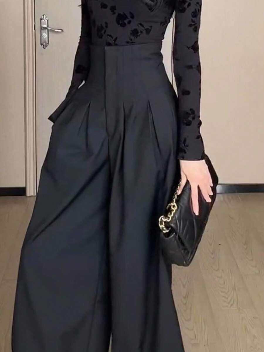 SHEIN CZARNE SPODNIE Z WYSOKIM STANEM KIESZENIE PK01__L