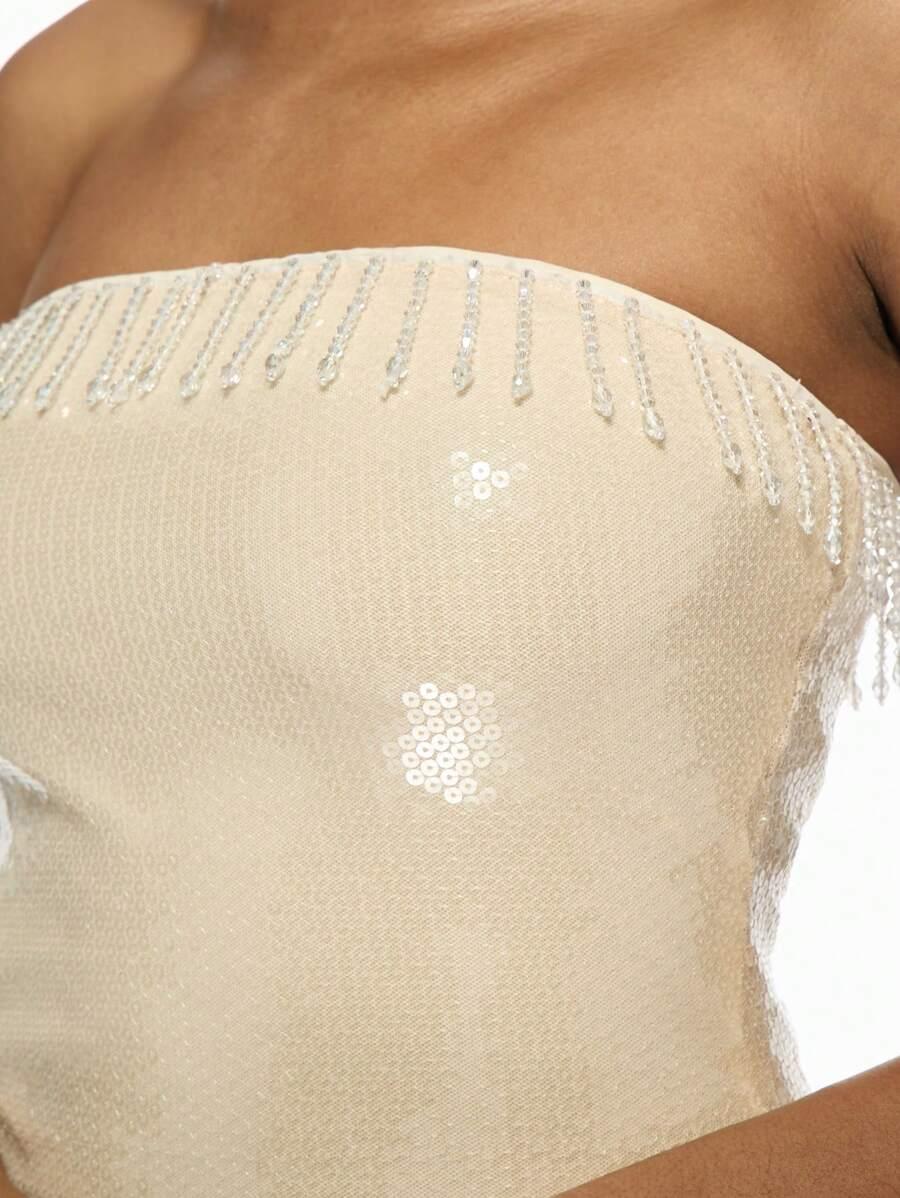 MISSGUIDED KREMOWA MINI SUKIENKA CEKINY S06__XS